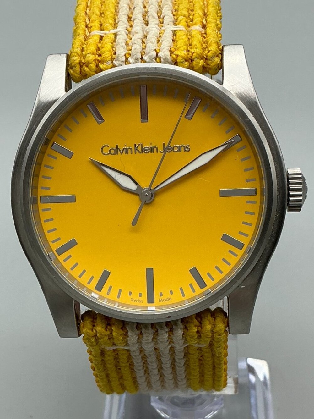Calvin Klein Jeans Commerce Root Mens Watch Silver Tone Yellow New Battery